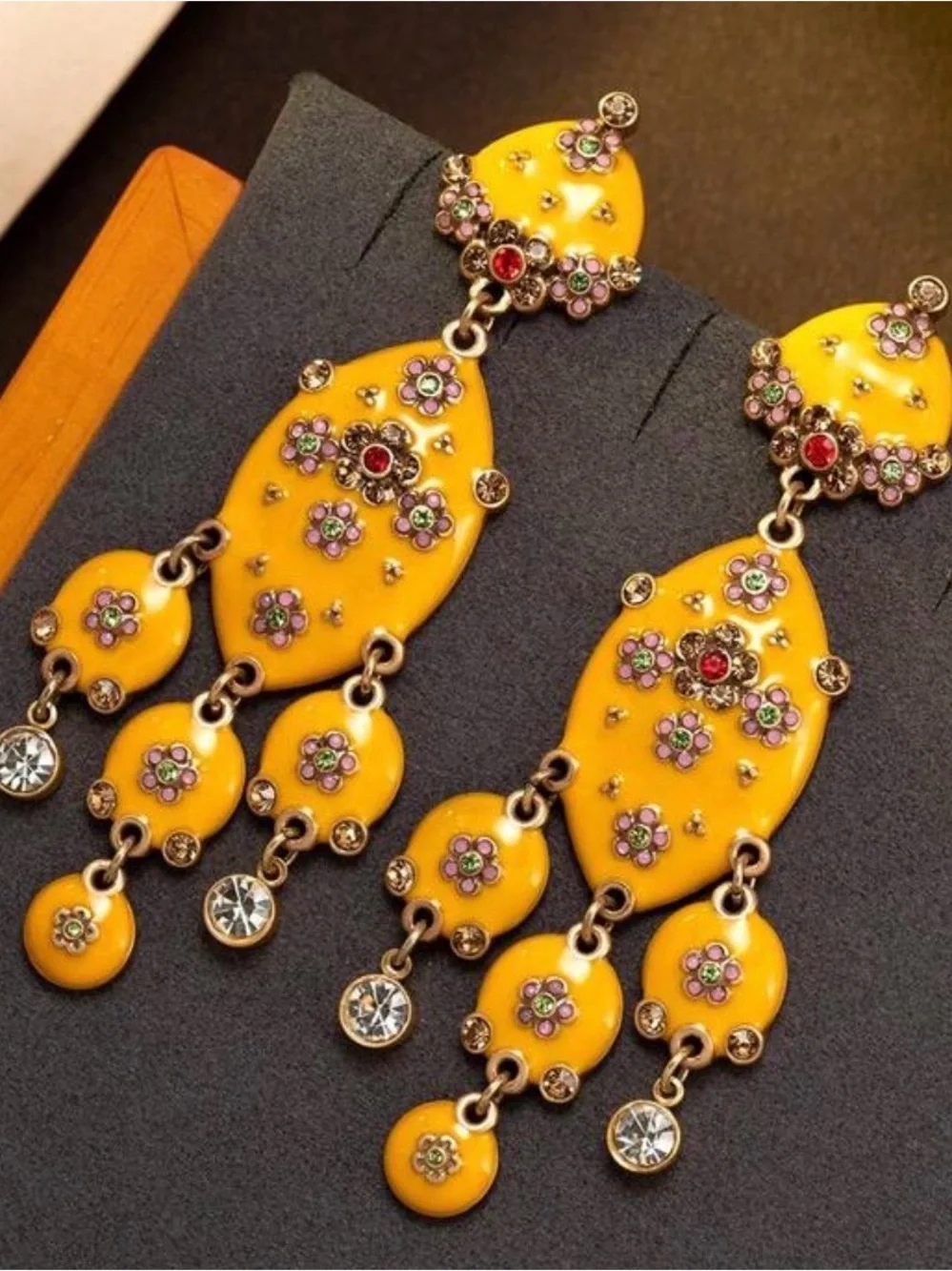 Vintage luxury Yellow Floral Dangle Earrings with Multicolor Accents